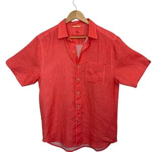 Tommy Bahama Shirt Men Size S/P Linen Orange Beach Cruise Resort Summer Logo